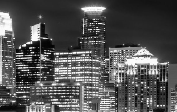 Minneapolis skyline in grayscale
