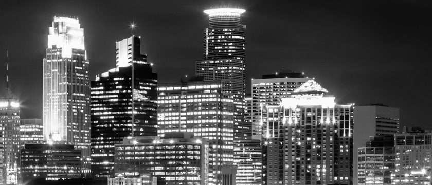 Minneapolis skyline in grayscale