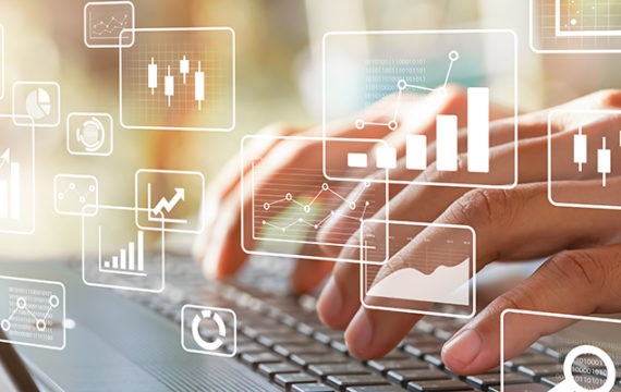 Business intelligence concept. Big data analytics, chart and graph icons and female hands typing on laptop.