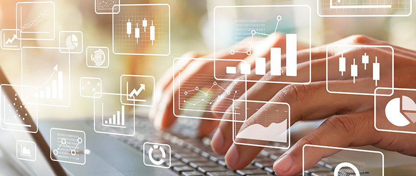 Business intelligence concept. Big data analytics, chart and graph icons and female hands typing on laptop.